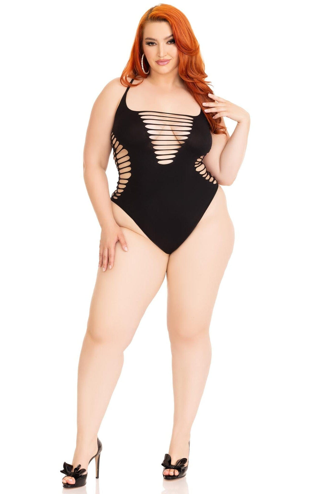 Leg Avenue Plus Size Seamless Shredded Racer Back Thong Bodysuit in Black  from SexyShoes.com