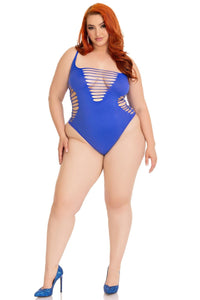 Leg Avenue Plus Size Seamless Shredded Racer Back Thong Bodysuit in Blue  from SexyShoes.com