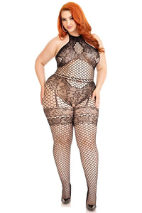 Leg Avenue Plus Size Seemless Industrial Net Halter Bodystocking, Faux Lace Detail in Black  from SexyShoes.com
