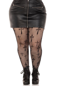 Leg Avenue Plus Size Worship Me Cross Net Tights in Black  from SexyShoes.com