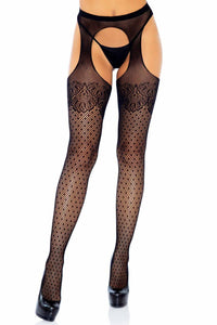 Leg Avenue Polka Dot Fishnet With Lace Top, Cuban Heel Fishnet Suspender Pantyhose in Black  from SexyShoes.com