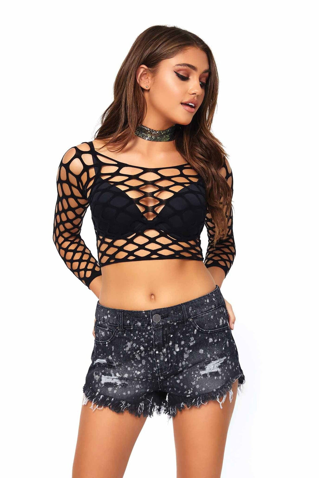 Pothole Net Long Sleeved Crop Top-Crop Tops-SEXYSHOES.COM