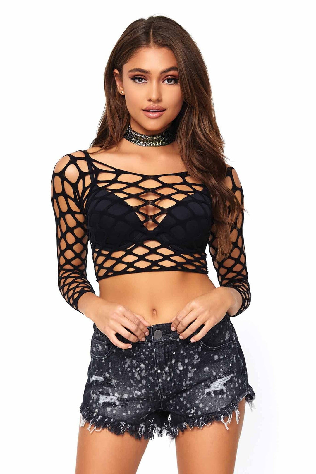 Leg Avenue Pothole Net Long Sleeved Crop Top in Black  from SexyShoes.com
