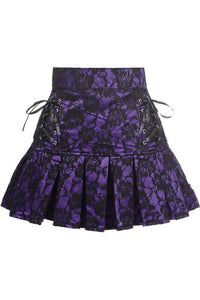Purple Satin w/Black Lace Overlay Lace-Up Skirt-Lace Skirts-SEXYSHOES.COM