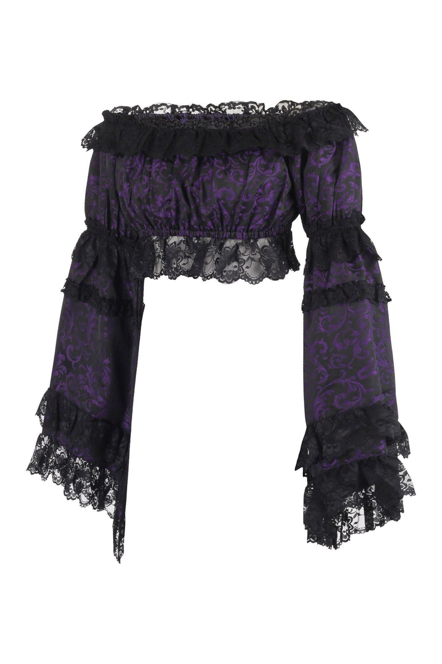 Purple/Black Brocade Smocked Flare Sleeve Peasant Top