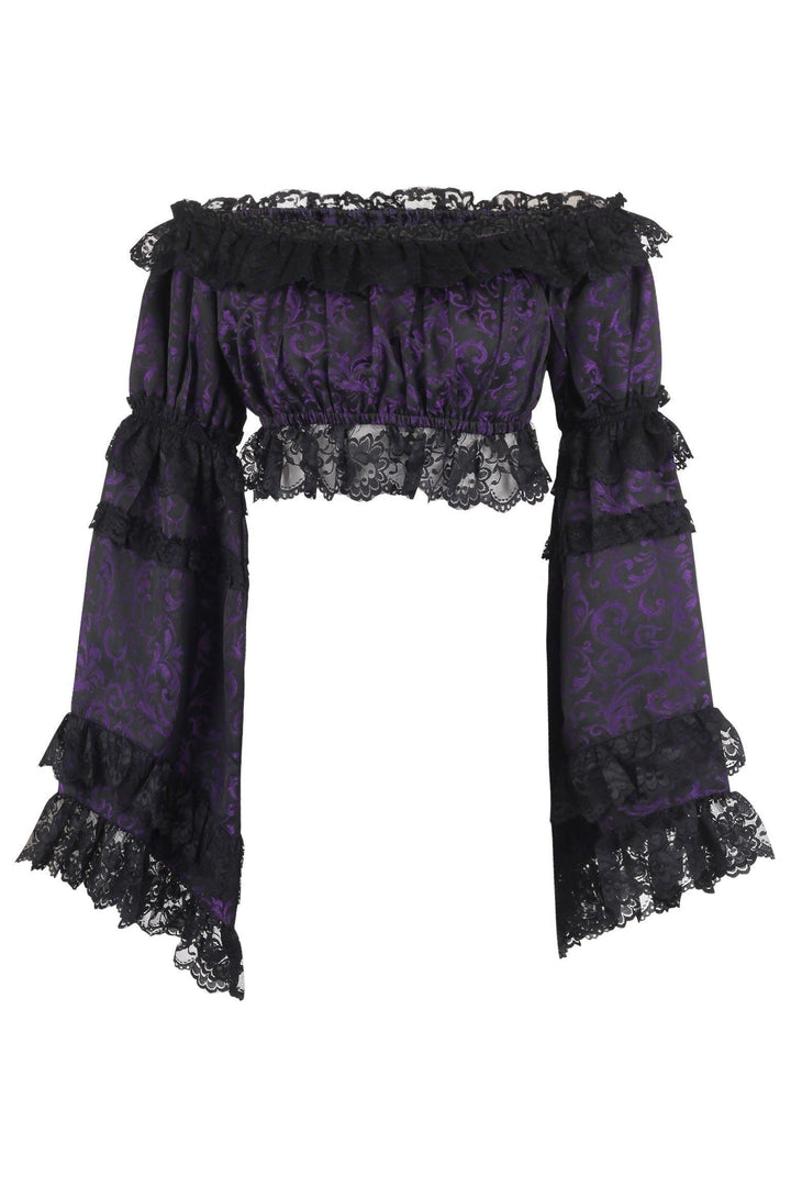 Purple/Black Brocade Smocked Flare Sleeve Peasant Top