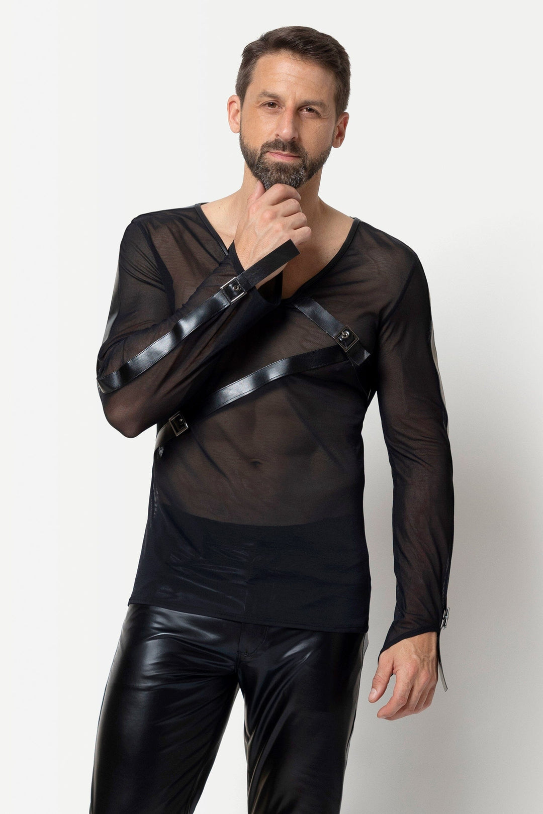 L'HOMME RIKKE Mesh V Neck Shirt in Black  from SexyShoes.com