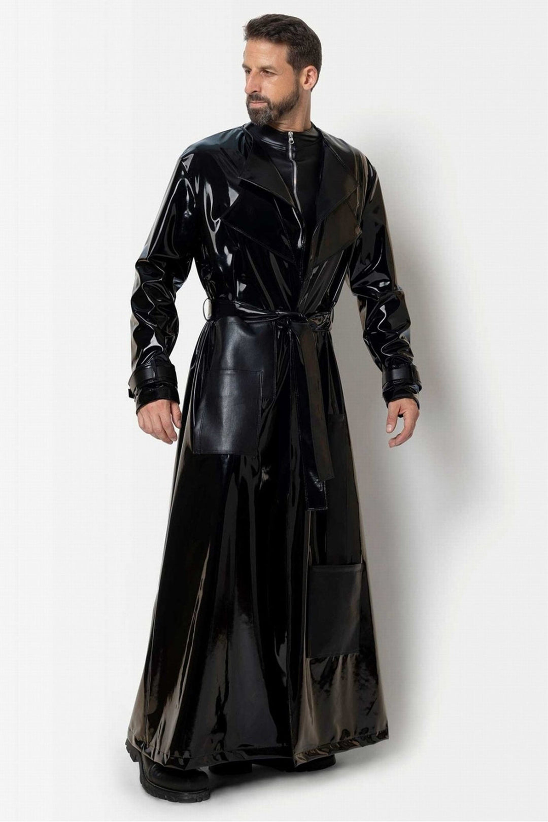 L'HOMME ROLO Vinyl Long Trench Coat in Black  from SexyShoes.com