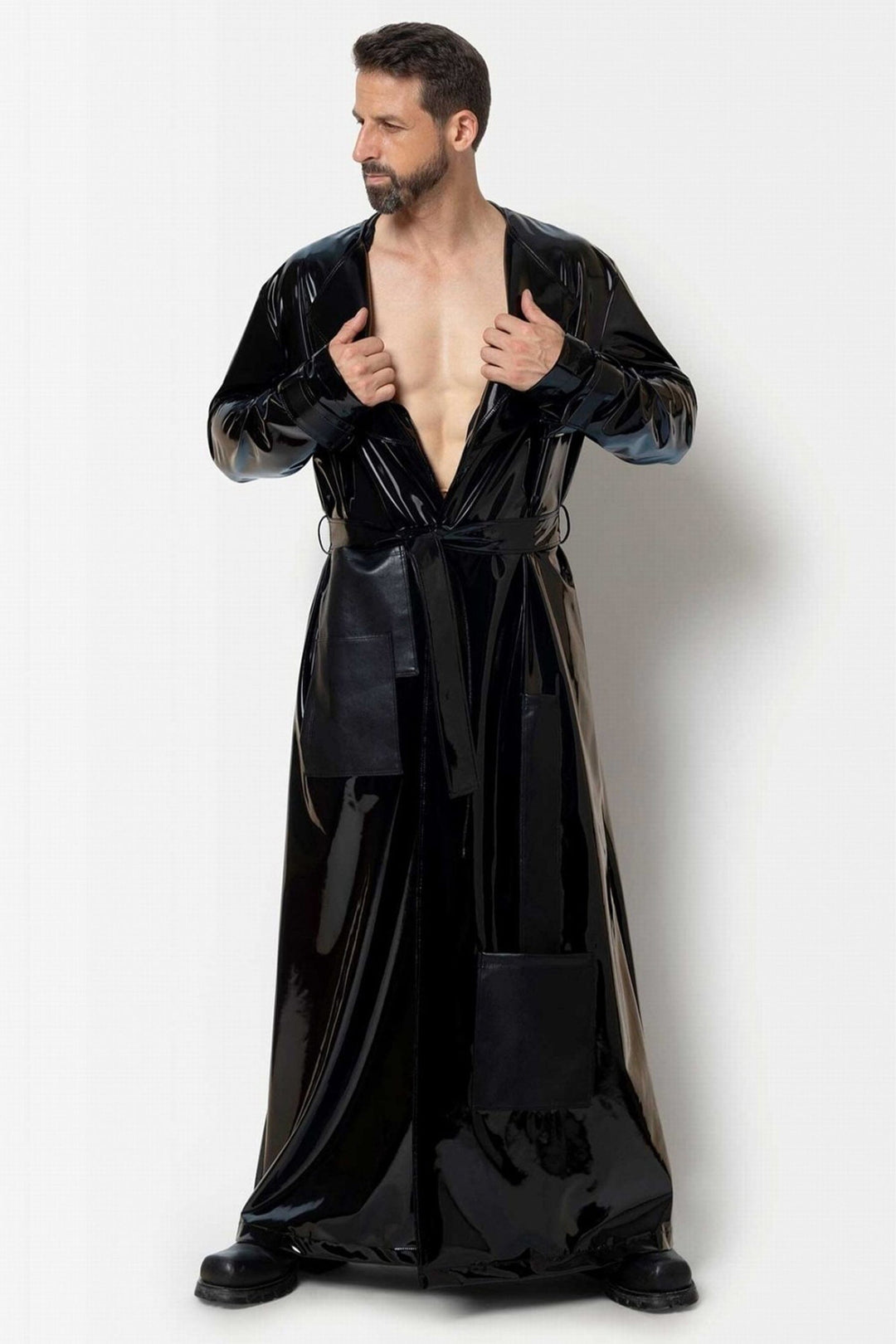 L'HOMME ROLO Vinyl Long Trench Coat in Black 