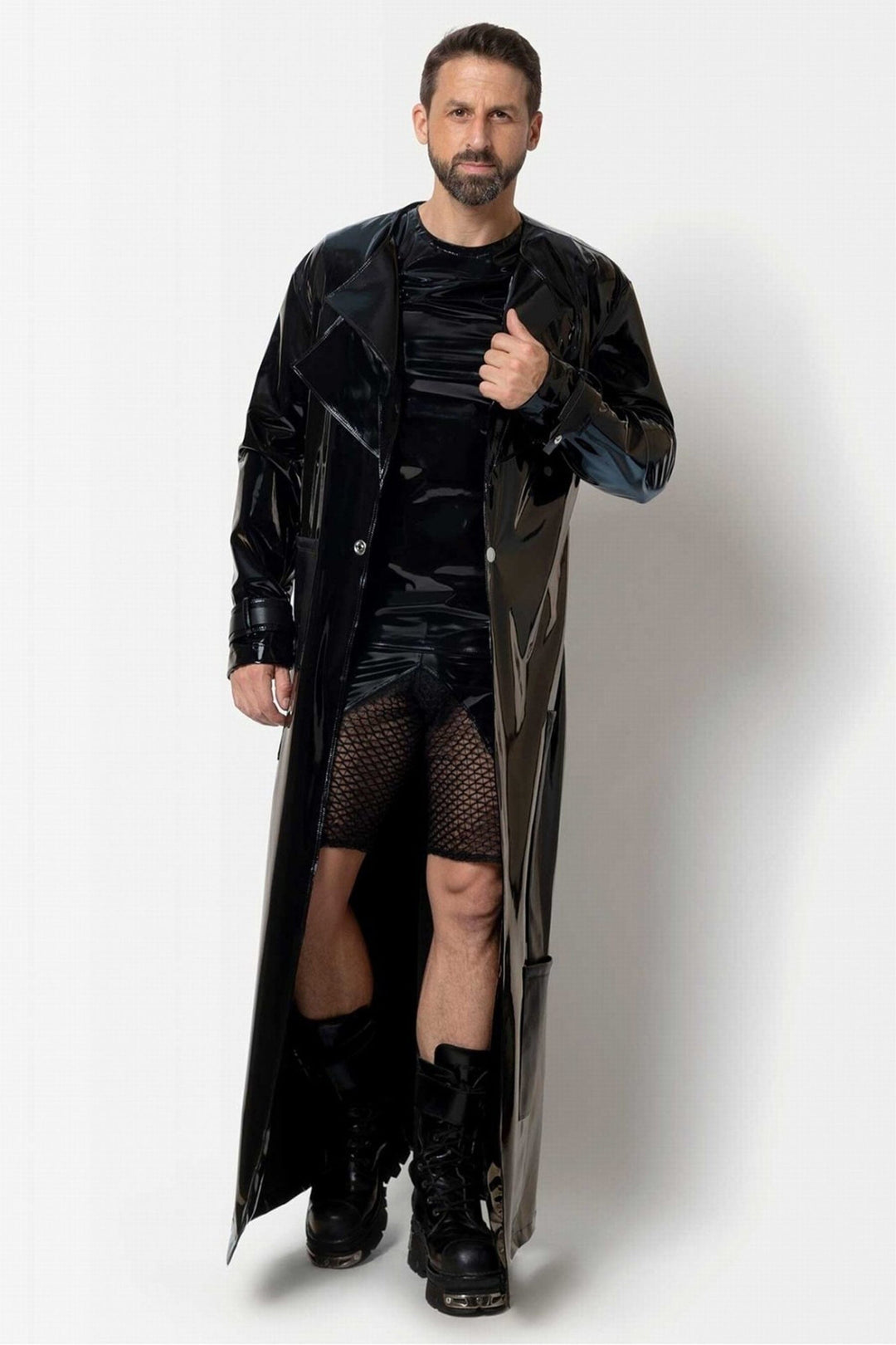 L'HOMME ROLO Vinyl Long Trench Coat in Black 