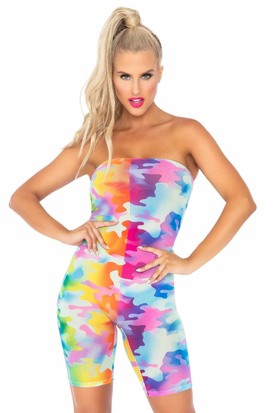 Rainbow Camo Mesh Strapless Romper-Dancewear Rompers-SEXYSHOES.COM