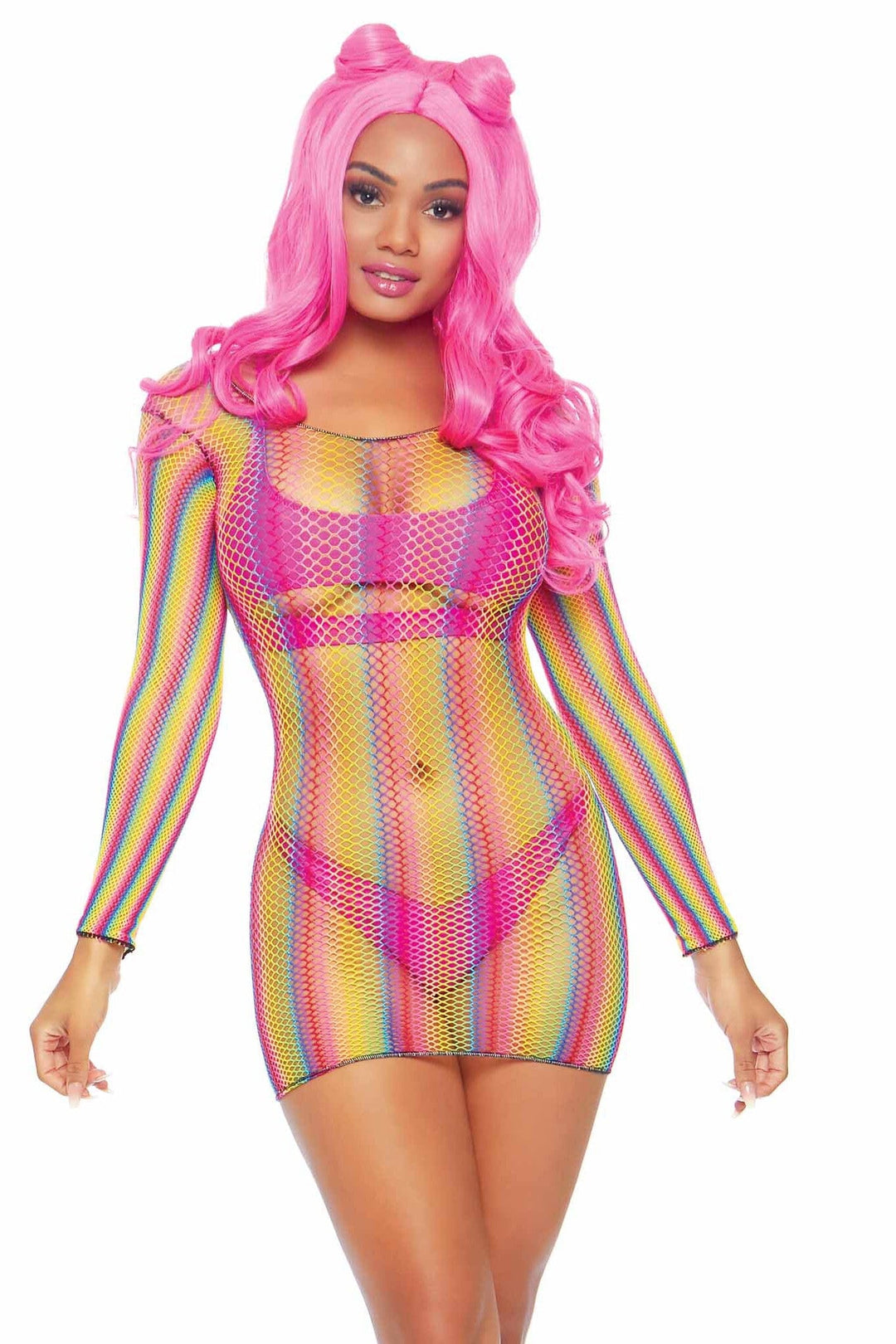Rainbow Fishnet Long Sleeved Mini Dress-Stripper Dresses-SEXYSHOES.COM