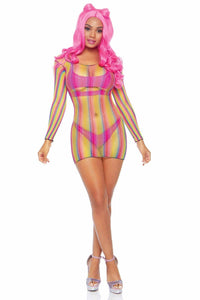 Rainbow Fishnet Long Sleeved Mini Dress-Stripper Dresses-SEXYSHOES.COM