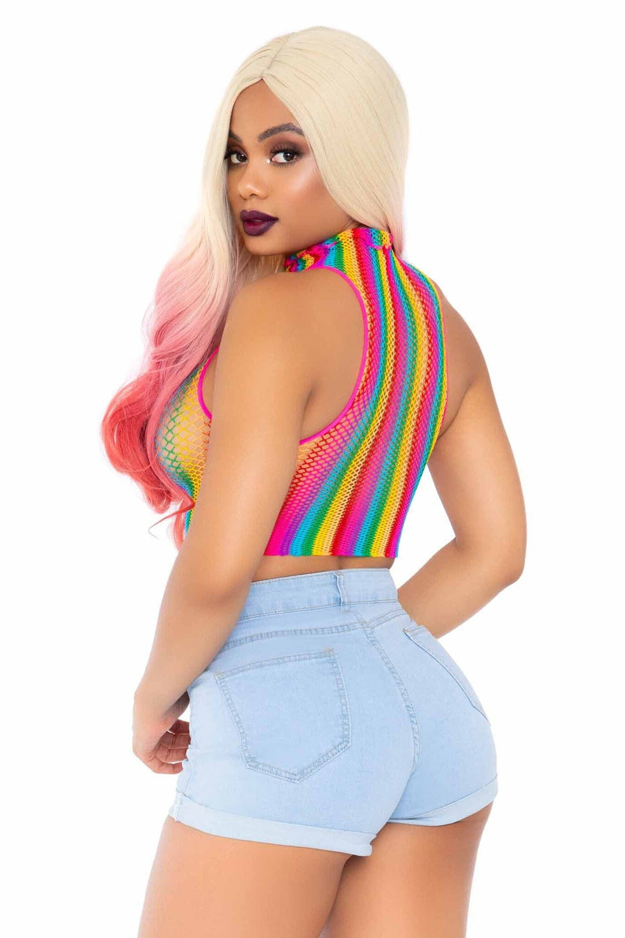 Rainbow Net High Neck Crop Top-Crop Tops-SEXYSHOES.COM