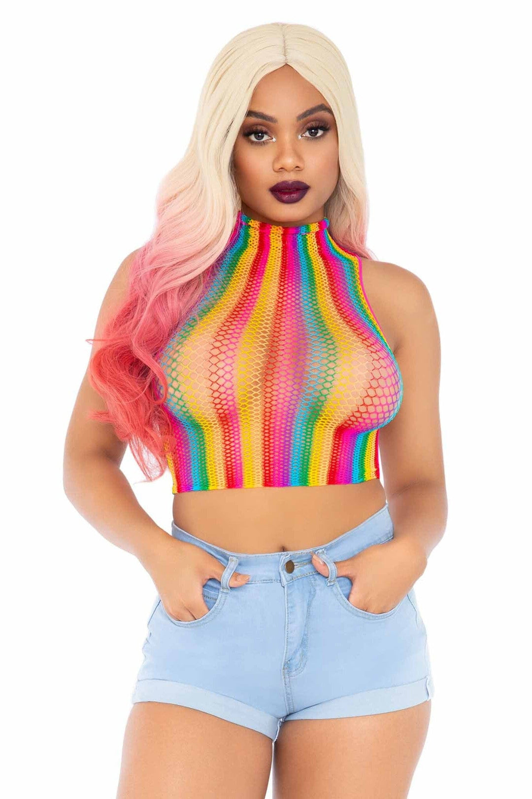 Rainbow Net High Neck Crop Top