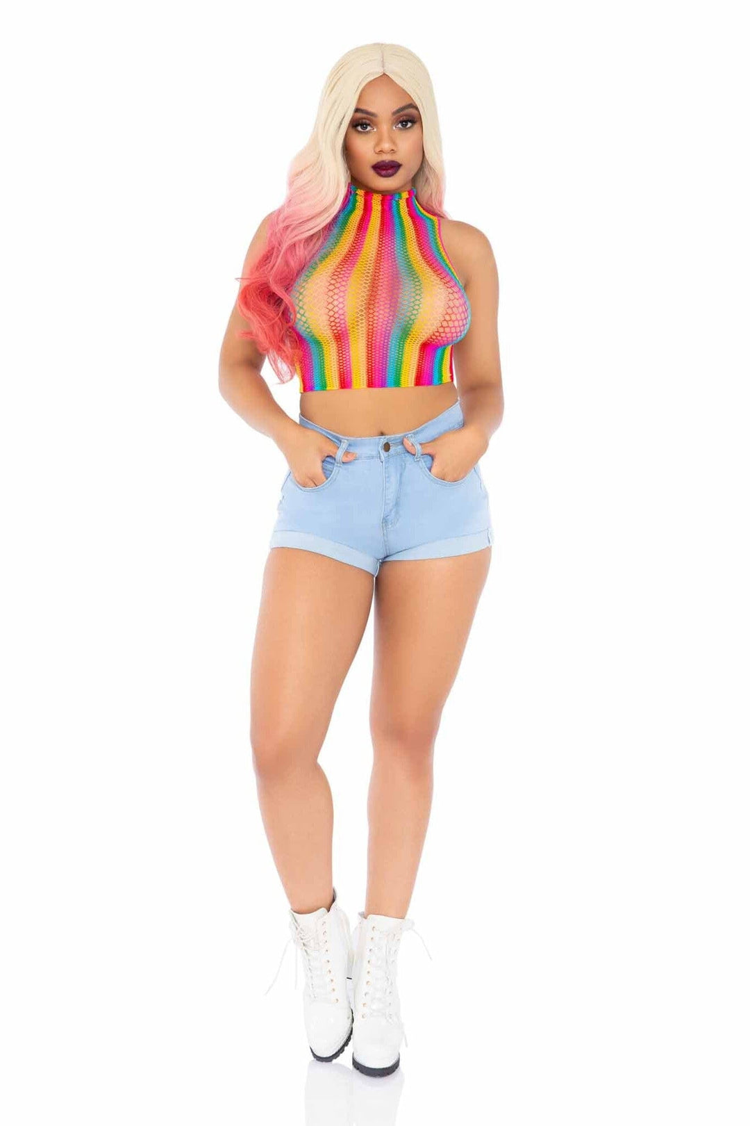 Rainbow Net High Neck Crop Top-Crop Tops-SEXYSHOES.COM