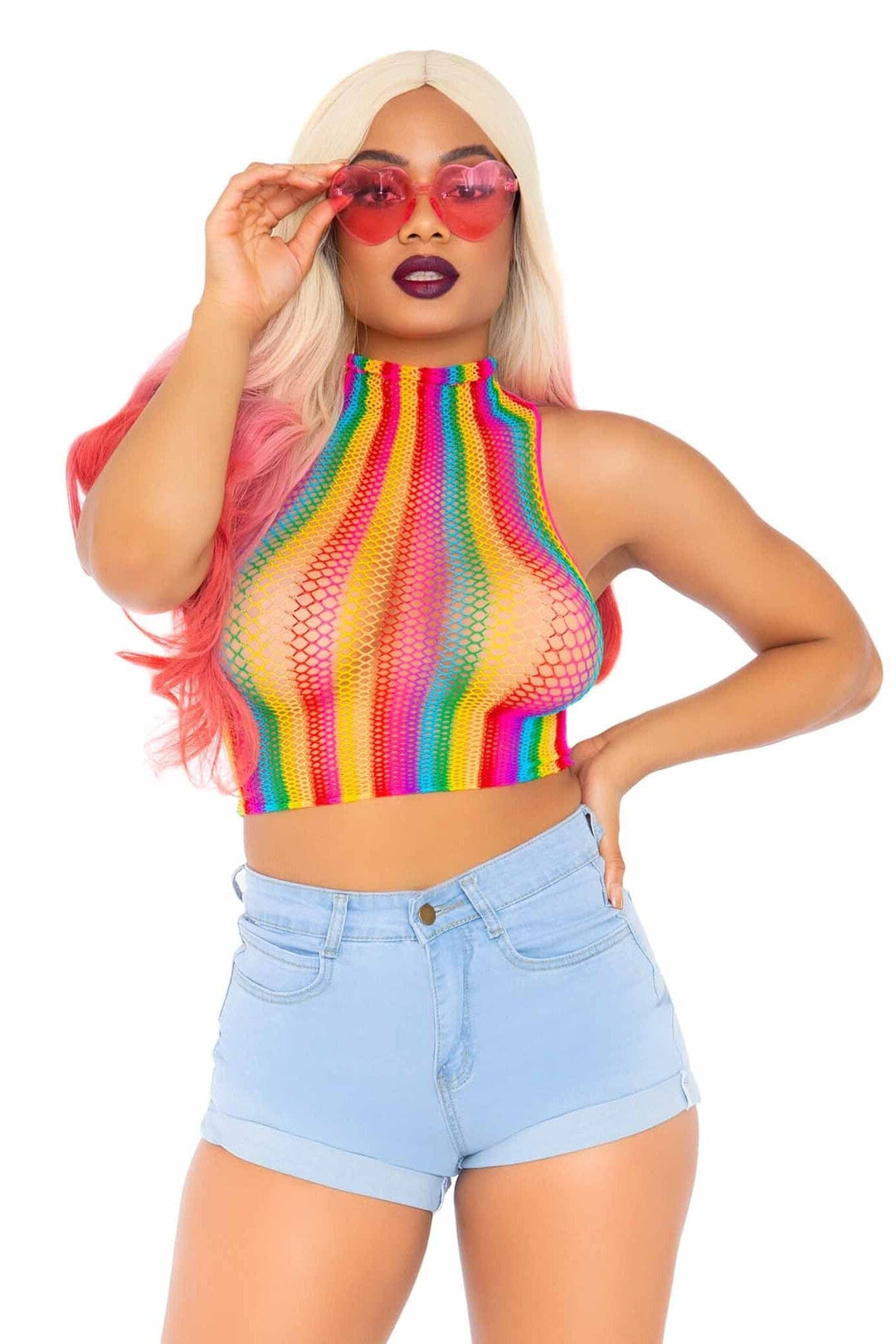 Leg Avenue Rainbow Net High Neck Crop Top in Multi  from SexyShoes.com
