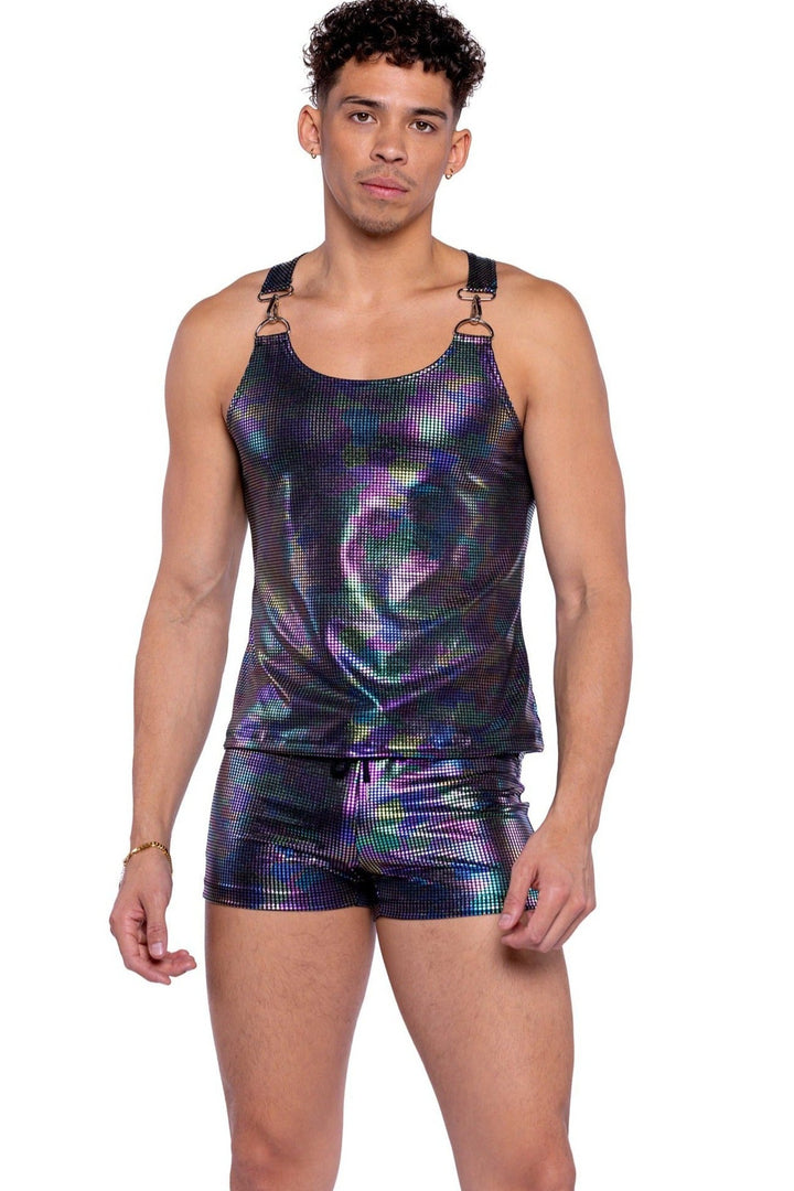 Rainbow Shimmer Camouflage Tank Top with Buckle Detail