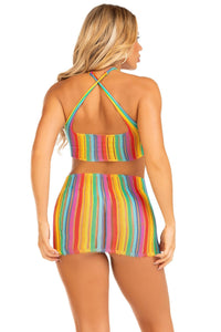 Rainbow Stripe Cross-Over Halter Mini Dress-Stripper Dresses-SEXYSHOES.COM