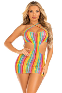 Rainbow Stripe Cross-Over Halter Mini Dress-Stripper Dresses-SEXYSHOES.COM