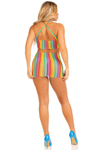 Rainbow Stripe Cross-Over Halter Mini Dress-Stripper Dresses-SEXYSHOES.COM