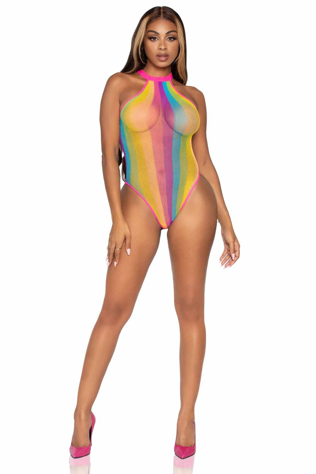 Rainbow Striped Halter Bodysuit With Snap Crotch-Bodysuits-SEXYSHOES.COM