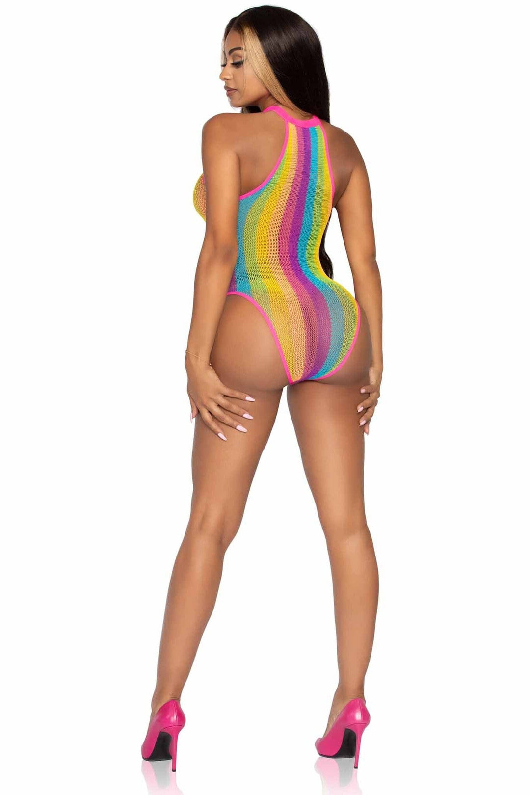Rainbow Striped Halter Bodysuit With Snap Crotch-Bodysuits-SEXYSHOES.COM