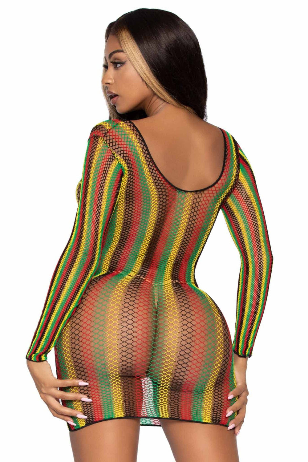 Rasta Net Long Sleeve Mini Dress-Stripper Dresses-SEXYSHOES.COM