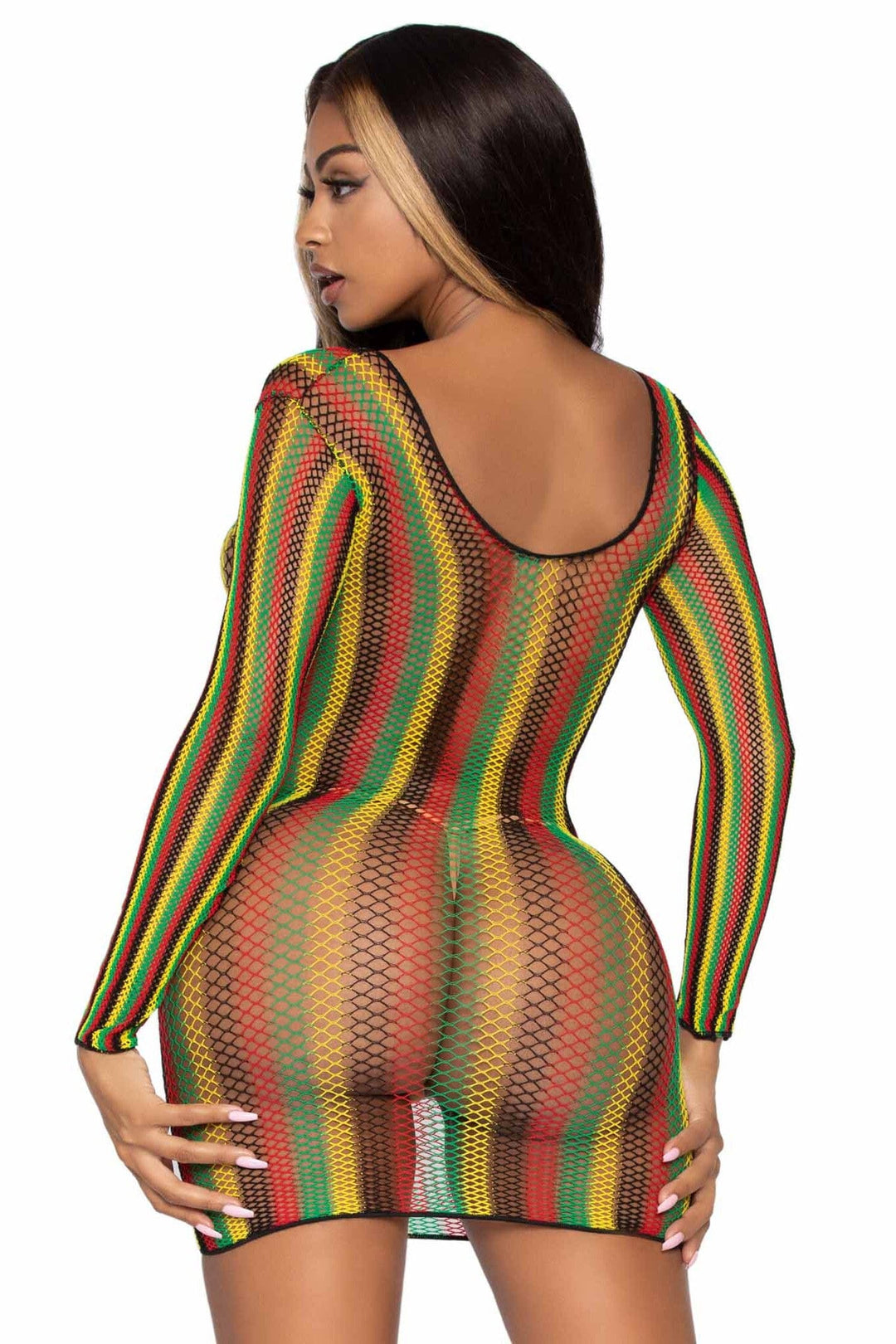 Rasta Net Long Sleeve Mini Dress-Stripper Dresses-SEXYSHOES.COM