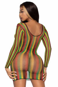 Rasta Net Long Sleeve Mini Dress-Stripper Dresses-SEXYSHOES.COM