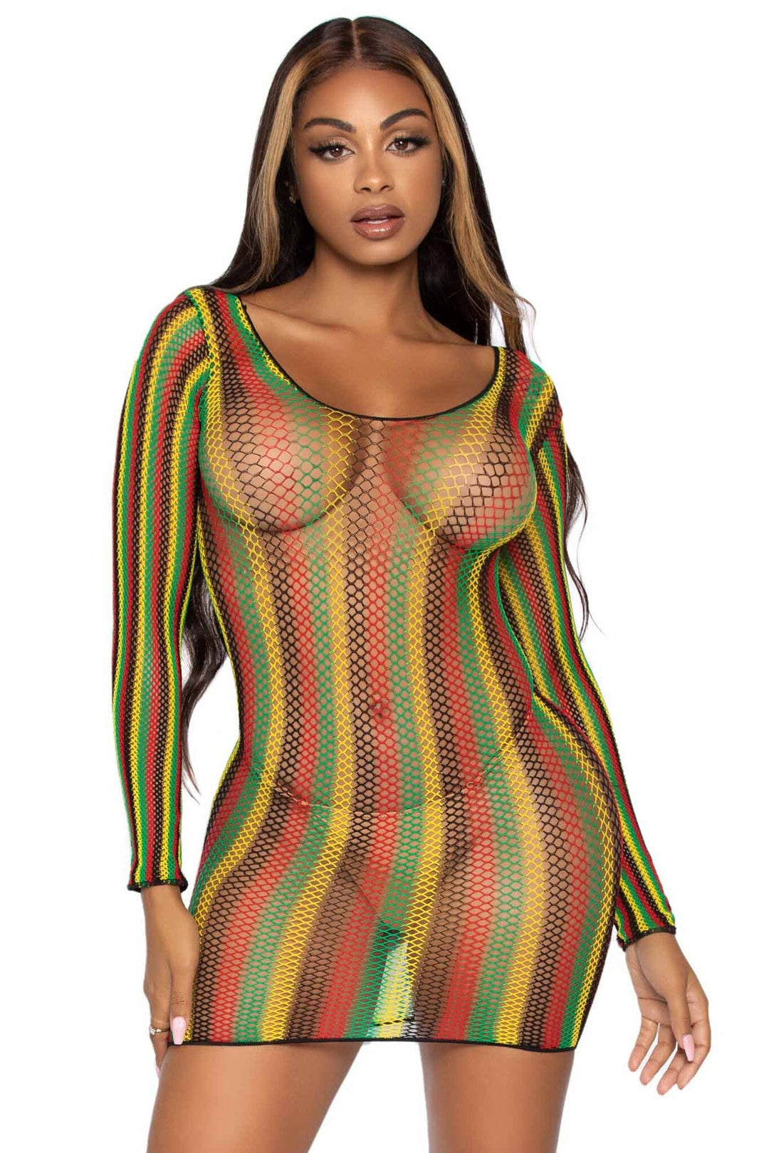 Rasta Net Long Sleeve Mini Dress-Stripper Dresses-SEXYSHOES.COM
