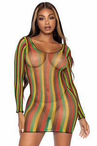 Rasta Net Long Sleeve Mini Dress-Stripper Dresses-SEXYSHOES.COM