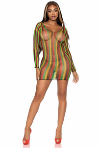 Rasta Net Long Sleeve Mini Dress-Stripper Dresses-SEXYSHOES.COM