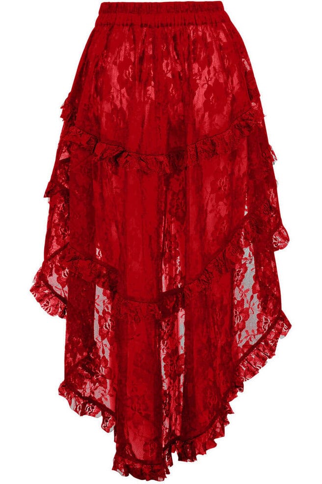 Daisy Corsets Red Lace Ruched Front High Low Lace Skirt in Red 