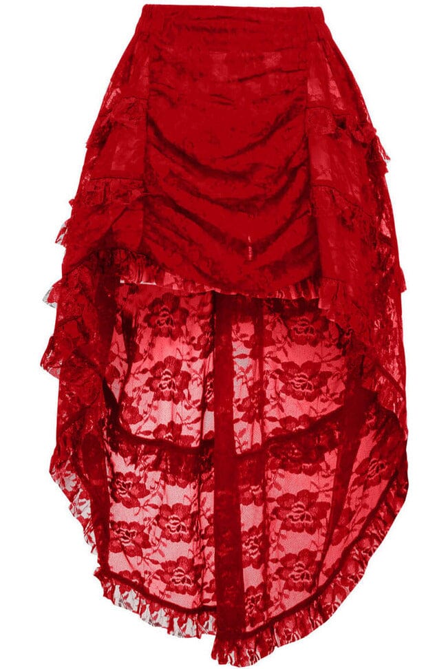 Daisy Corsets Red Lace Ruched Front High Low Lace Skirt in Red  from SexyShoes.com