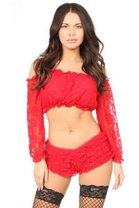 Daisy Corsets Red Lined Lace Long Sleeve Peasant Top in Red  from SexyShoes.com