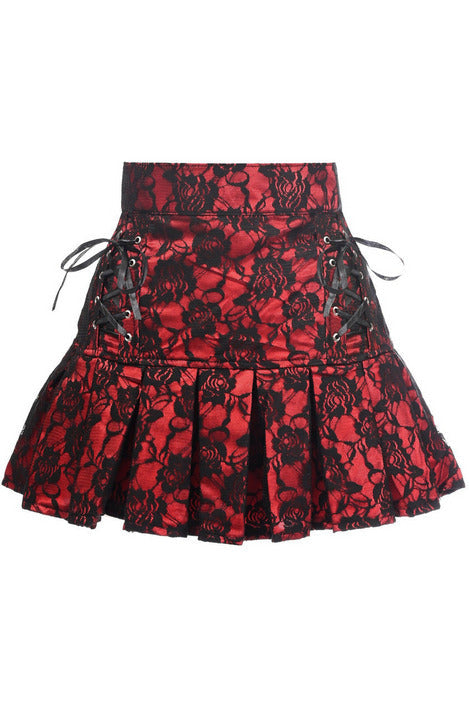 Red Satin w/Black Lace Overlay Lace-Up Skirt