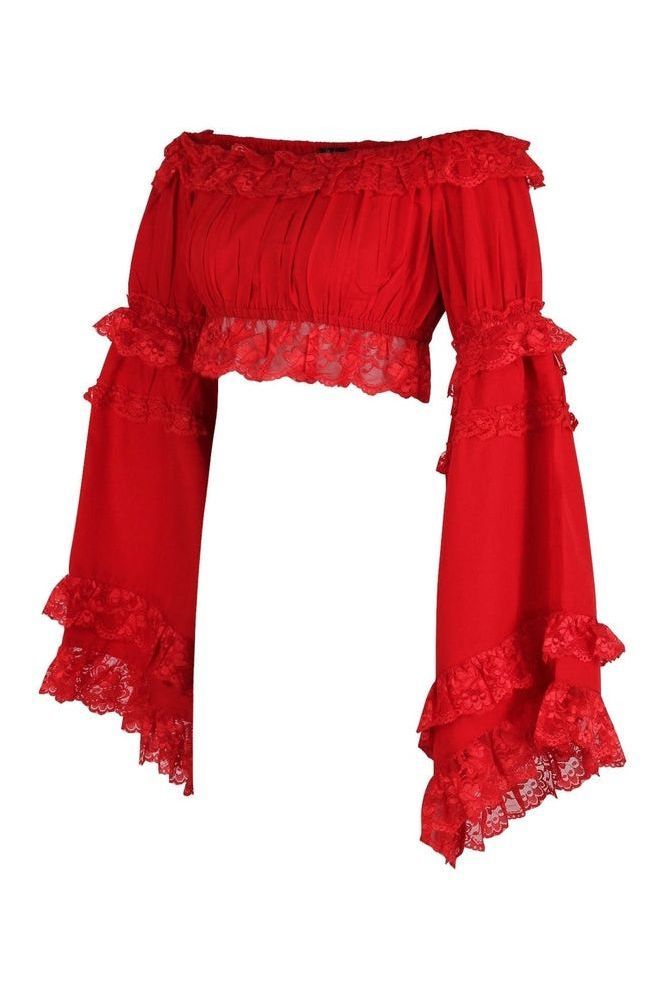Red Smocked Flare Sleeve Peasant Top