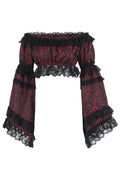 Red/Black Brocade Smocked Flare Sleeve Peasant Top