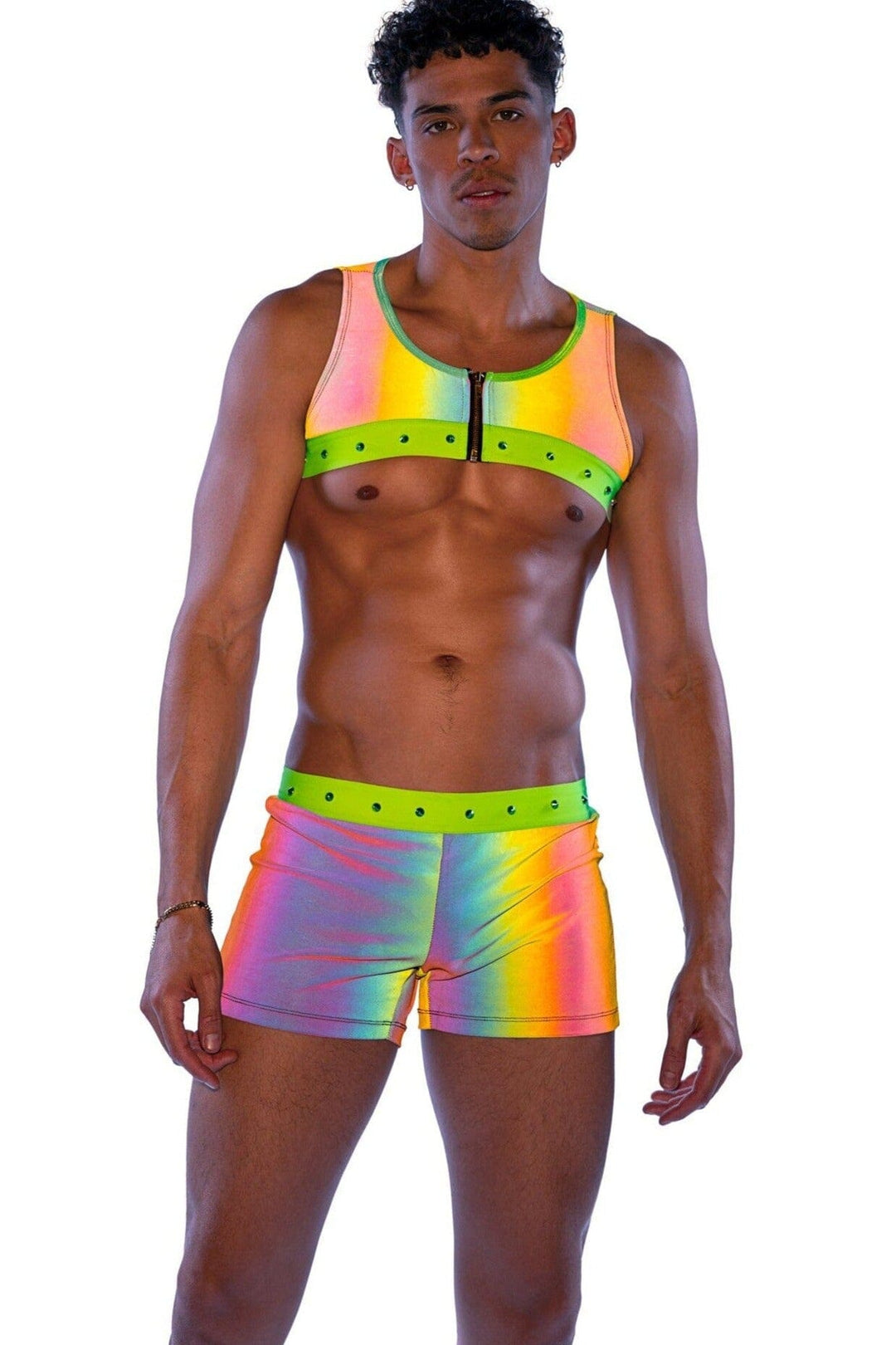 Roma Confidential Reflective Cropped Top with Zipper Closure & Stud Detail in Rainbow  from SexyShoes.com