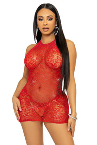 Rhinestone Lace And Net Halter Mini Dress-Stripper Dresses-SEXYSHOES.COM