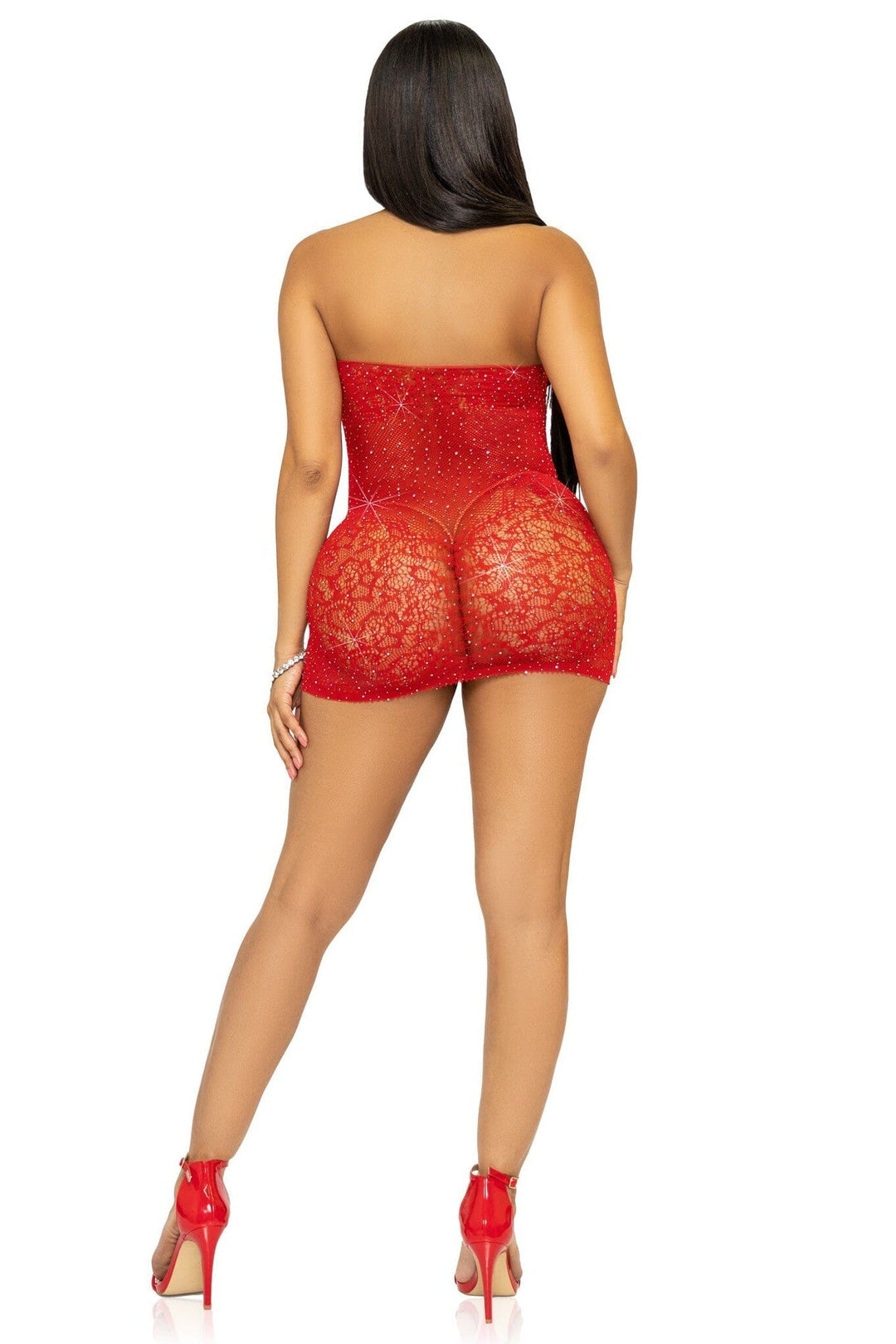 Rhinestone Lace And Net Halter Mini Dress-Stripper Dresses-SEXYSHOES.COM