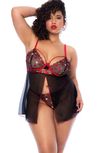 Mapale Romantic Babydoll with Embroided Hearts in Black  from SexyShoes.com