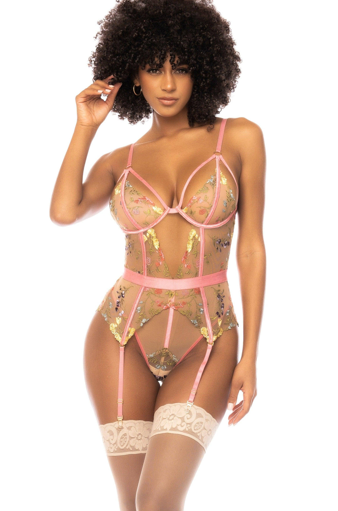 Mapale Rose Garden Embroidered Lace Bodysuit in Pink  from SexyShoes.com