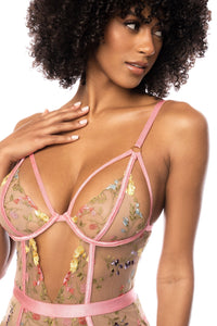 Mapale Rose Garden Embroidered Lace Bodysuit in Pink 