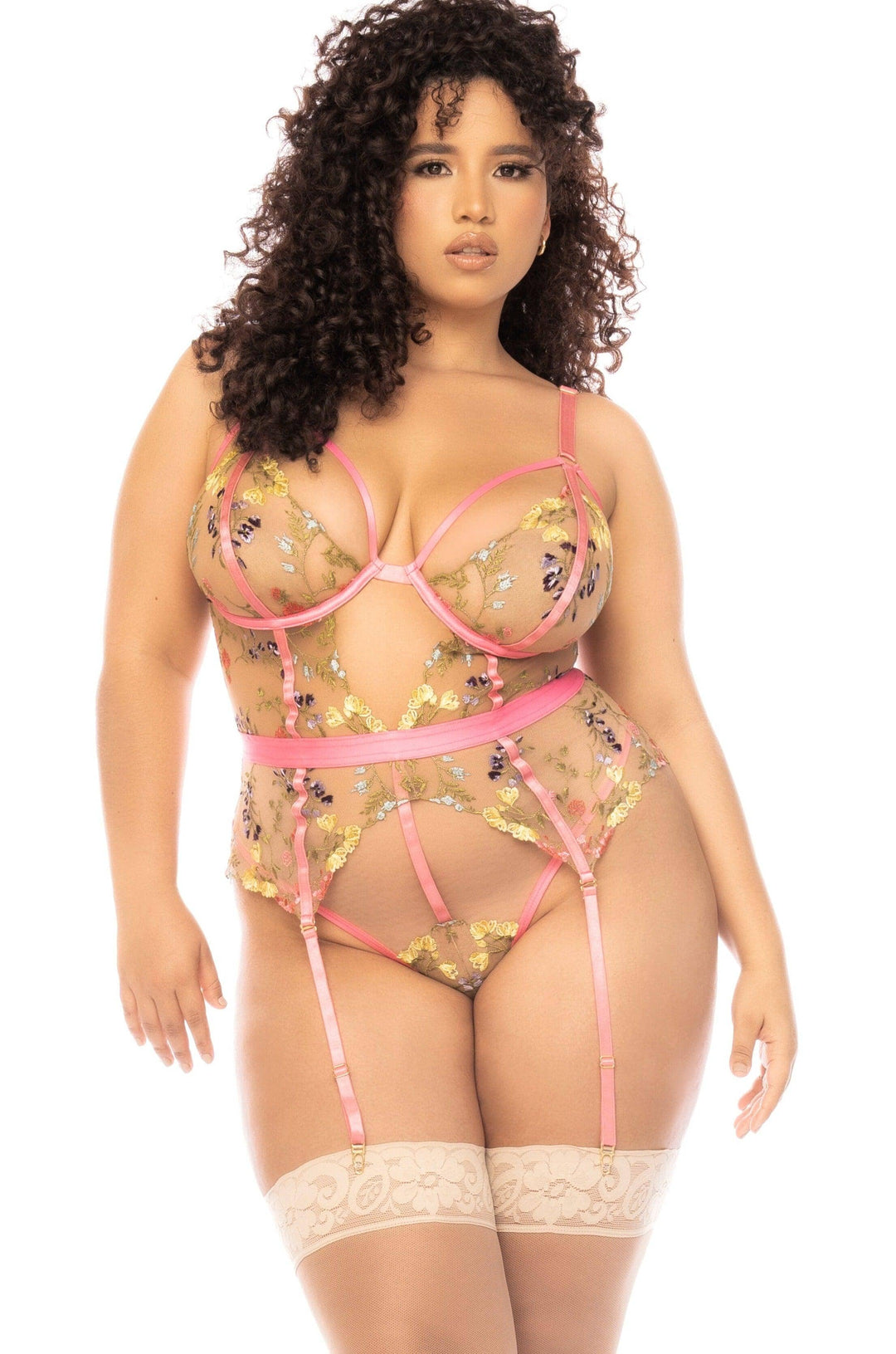 Mapale Rose Garden Embroidered Lace Bodysuit in Pink  from SexyShoes.com