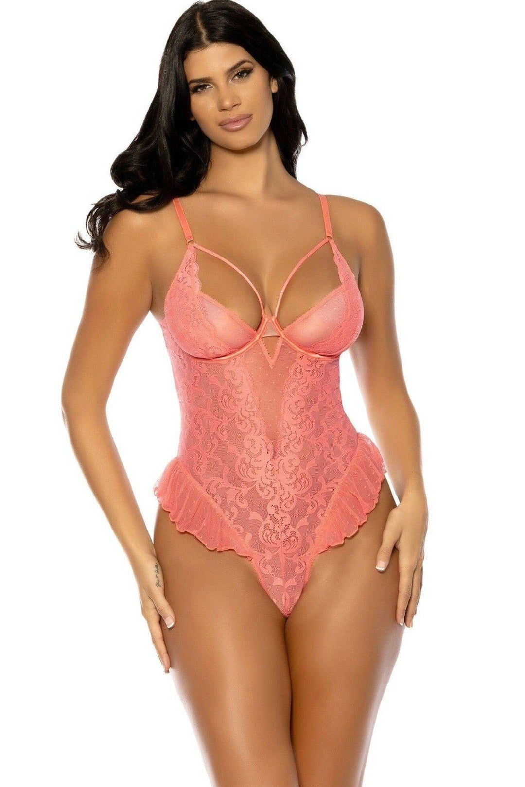 Oh La La Cheri Ruffled Underwire Teddy in Pink  from SexyShoes.com