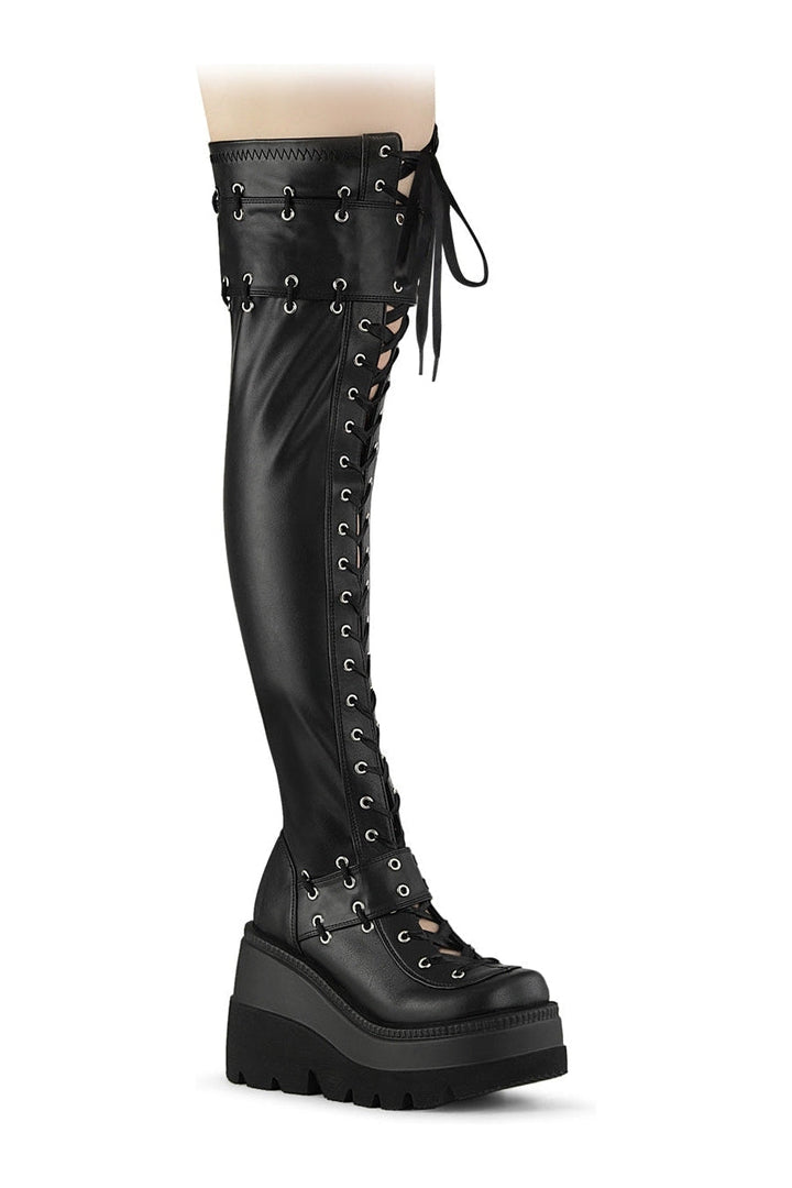 SHAKER-325 Black Vegan Leather Thigh Boot