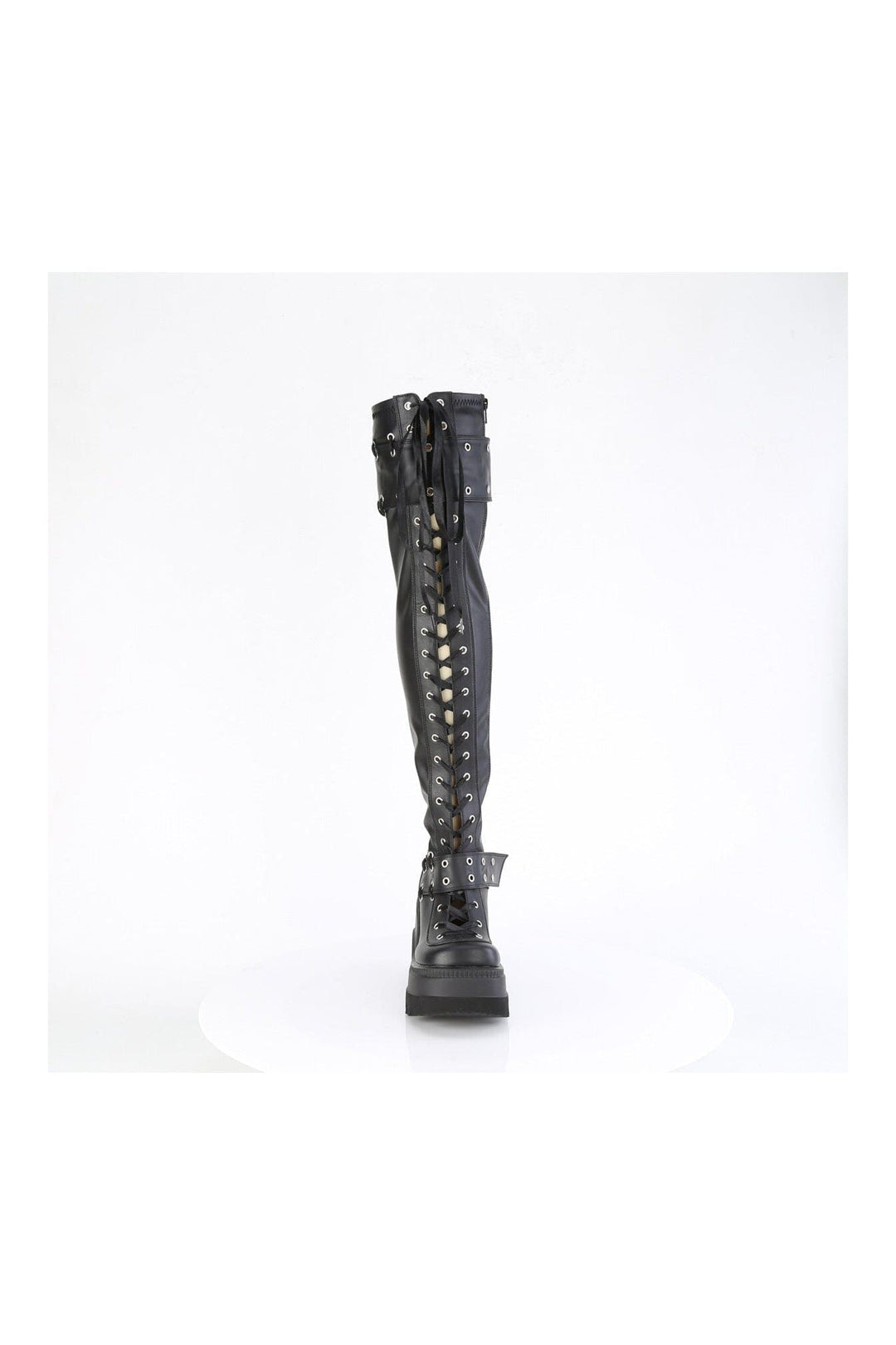 Demonia SHAKER-325 Black Vegan Leather Thigh Boot in Black Vegan Leather