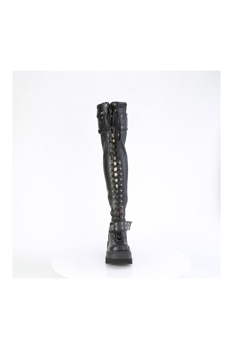 Demonia SHAKER-325 Black Vegan Leather Thigh Boot in Black Vegan Leather